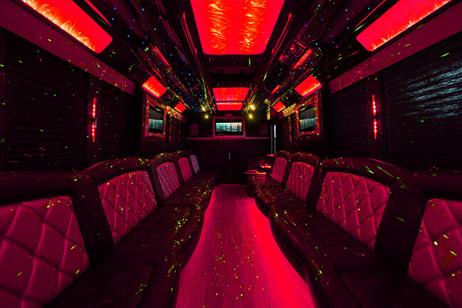 Party bus rentals with colored ceiling